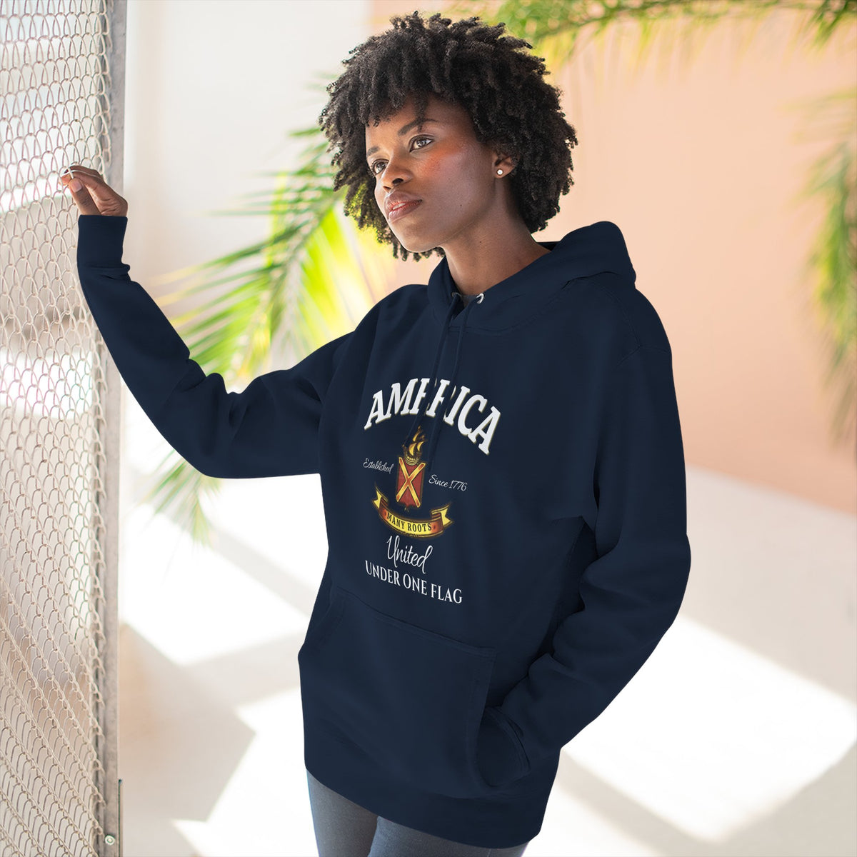 America Many Roots Hoodie - United Under One Flag Ship & Shield Hoodie