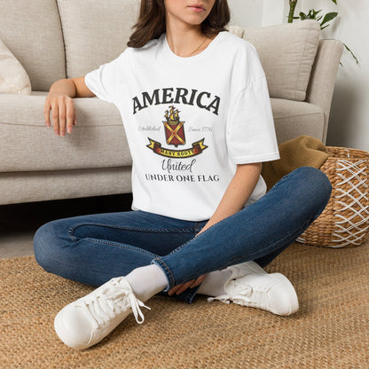 America Many Roots Shirt - United Under One Flag Ship & Shield Tee