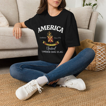 America Many Roots Shirt - United Under One Flag Ship & Shield Tee