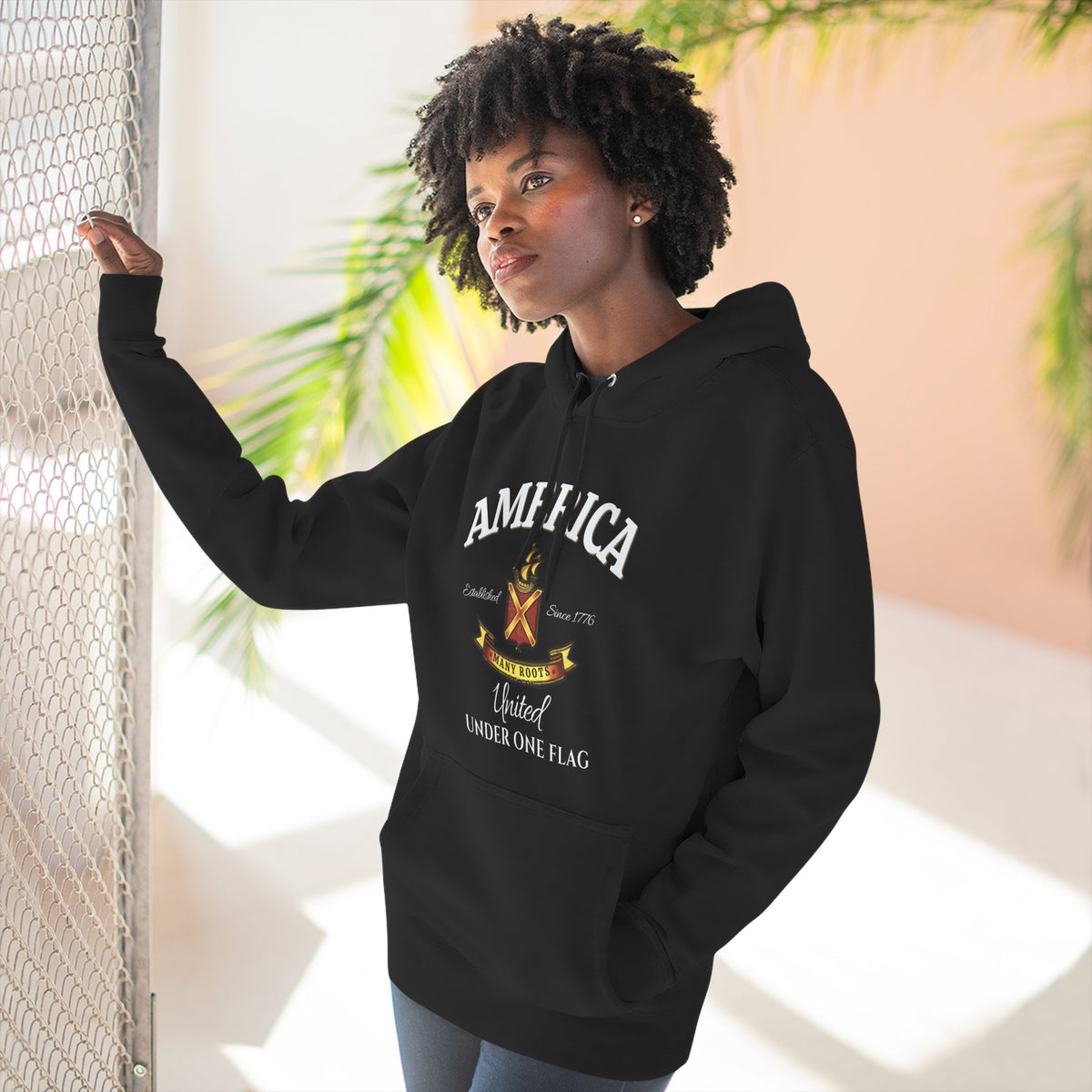America Many Roots Hoodie - United Under One Flag Ship & Shield Hoodie