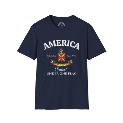 America Many Roots Shirt - United Under One Flag Ship & Shield Tee