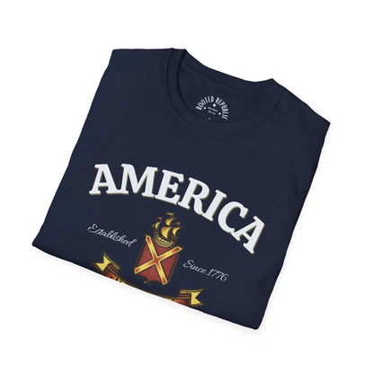 America Many Roots Shirt - United Under One Flag Ship & Shield Tee