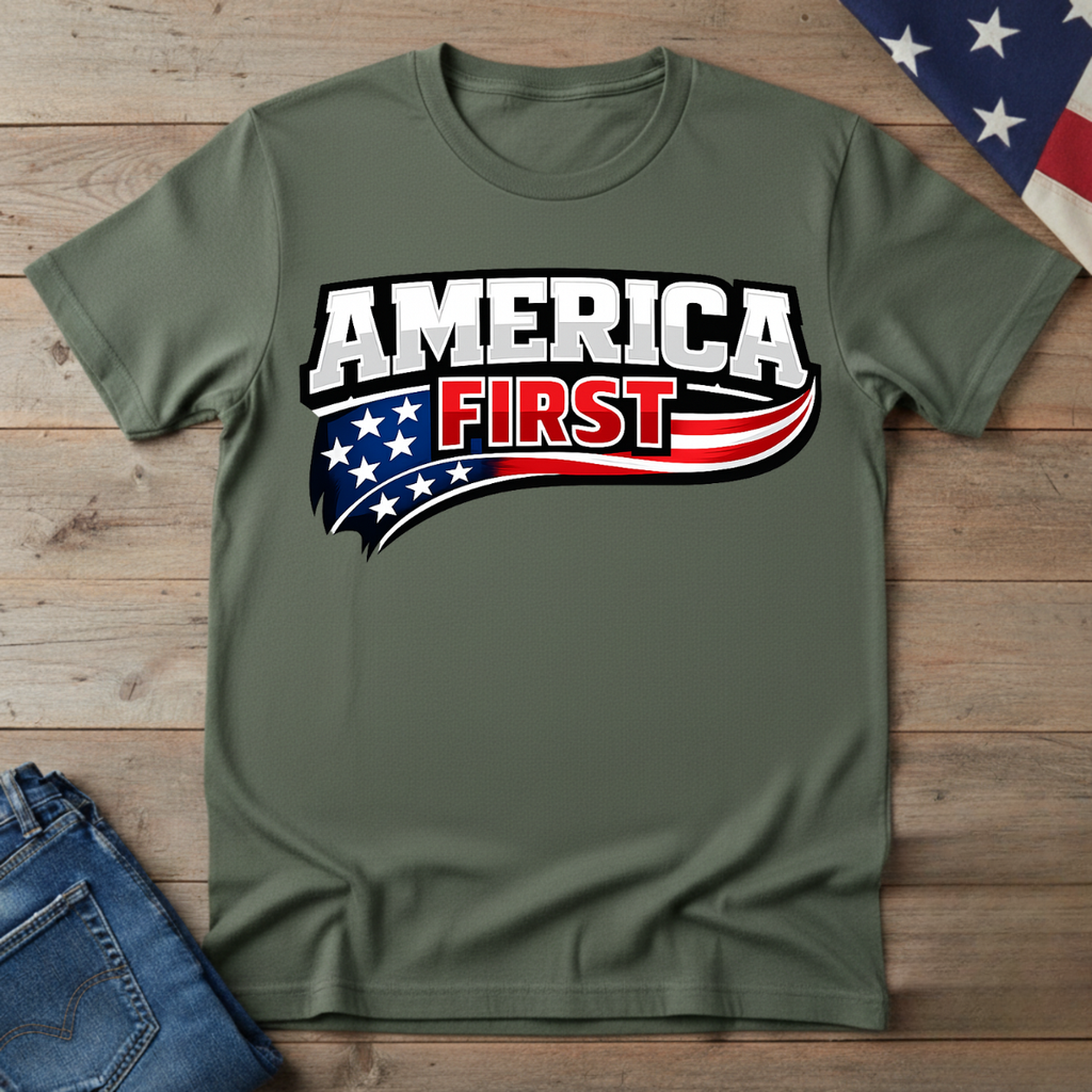 Green t-shirt with 'America First' graphic on a wooden surface