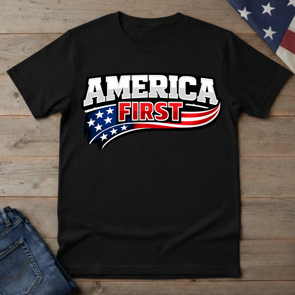 Black t-shirt with 'America First' graphic on a wooden surface