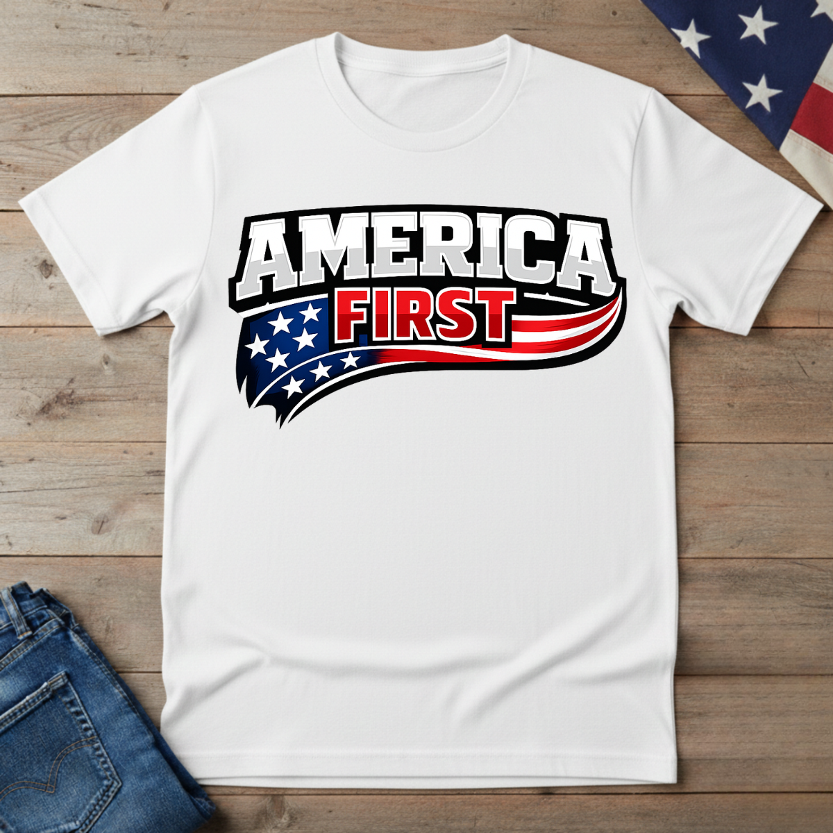 White t-shirt with 'America First' graphic on a wooden surface