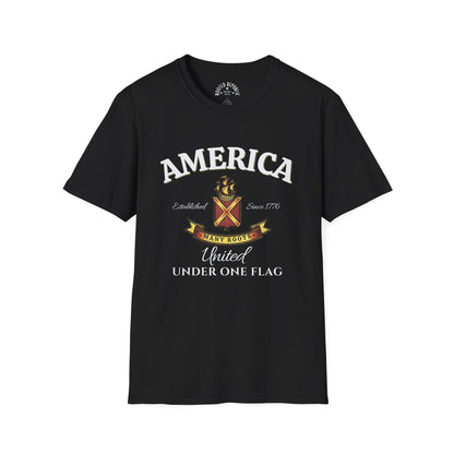 America Many Roots Shirt - United Under One Flag Ship & Shield Tee
