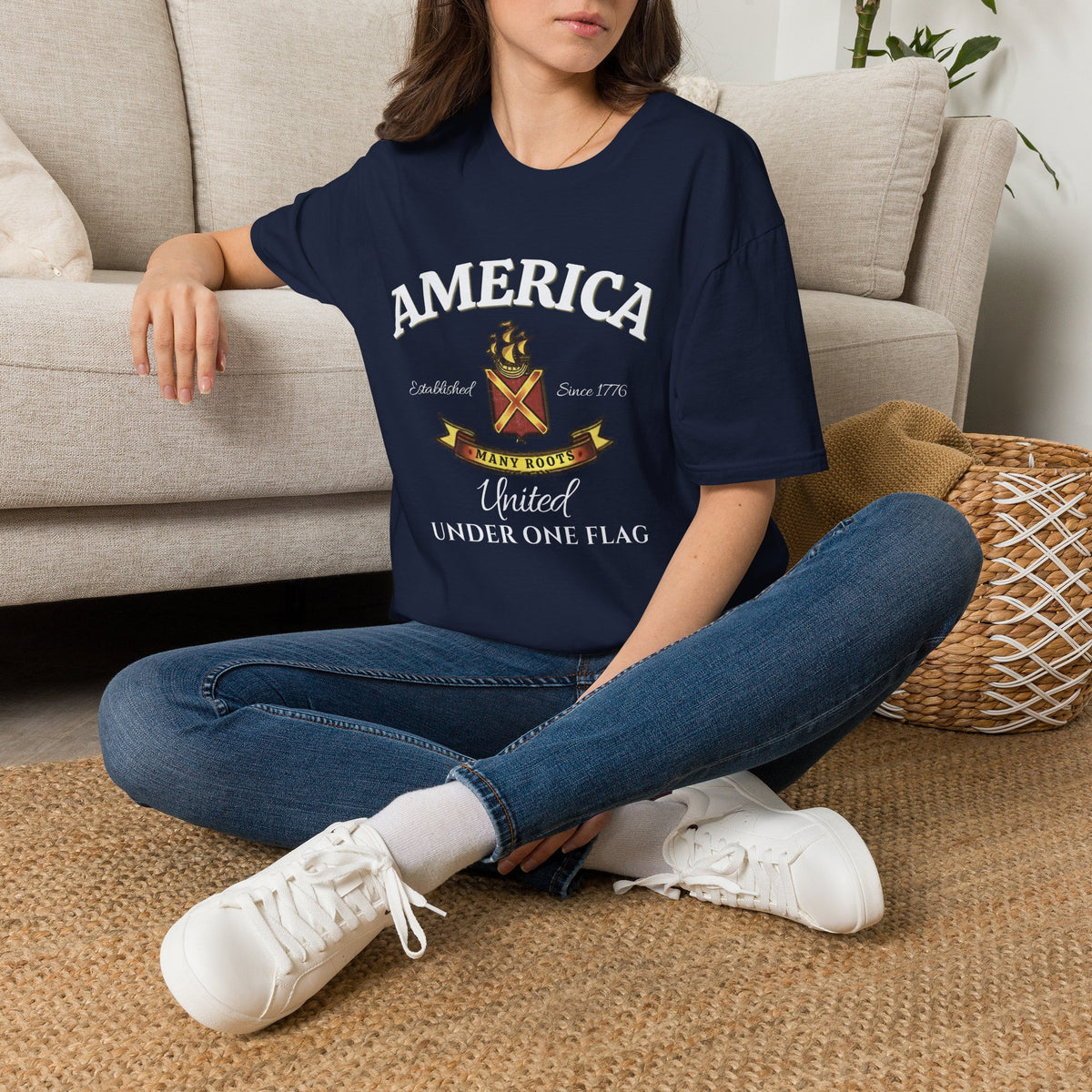 America Many Roots Shirt - United Under One Flag Ship & Shield Tee