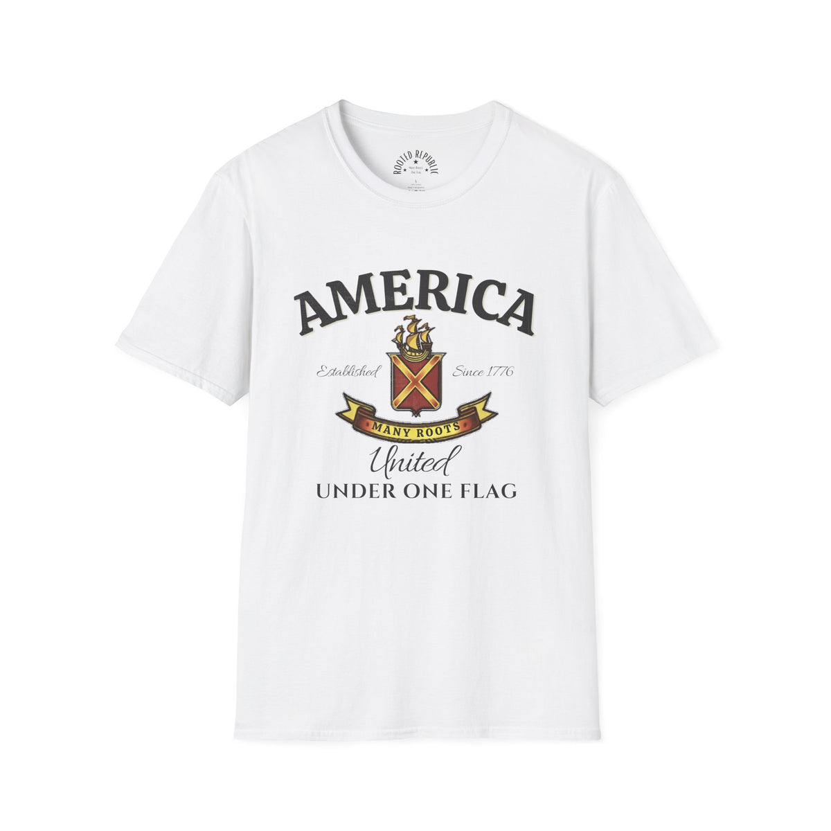 America Many Roots Shirt - United Under One Flag Ship & Shield Tee