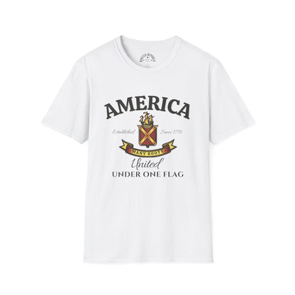 America Many Roots Shirt - United Under One Flag Ship & Shield Tee
