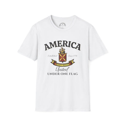 America Many Roots Shirt - United Under One Flag Ship & Shield Tee