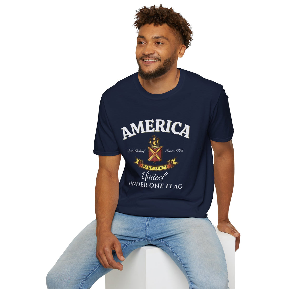 America Many Roots Shirt - United Under One Flag Ship & Shield Tee