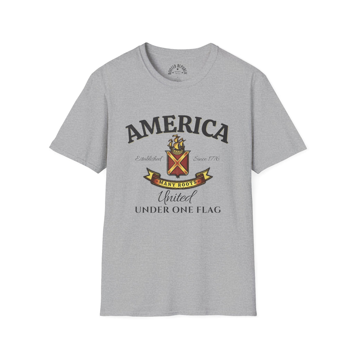 America Many Roots Shirt - United Under One Flag Ship & Shield Tee