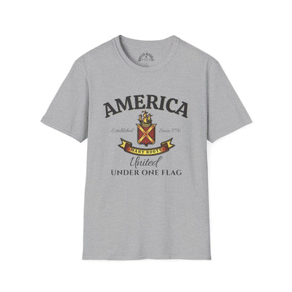 America Many Roots Shirt - United Under One Flag Ship & Shield Tee