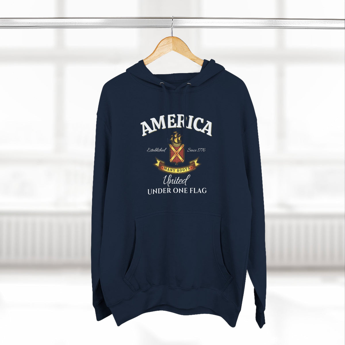 America Many Roots Hoodie - United Under One Flag Ship & Shield Hoodie