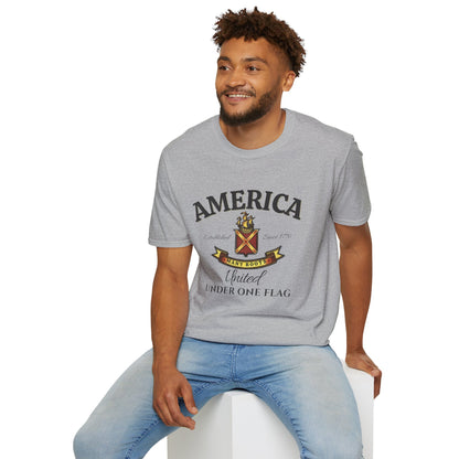 America Many Roots Shirt - United Under One Flag Ship & Shield Tee